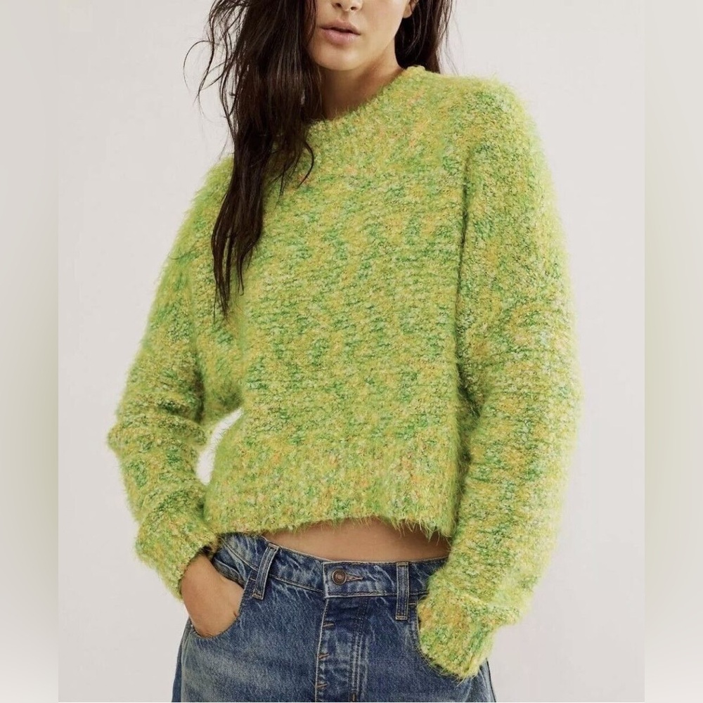 Free People Green Marled Fuzzy Crewneck Sweater
